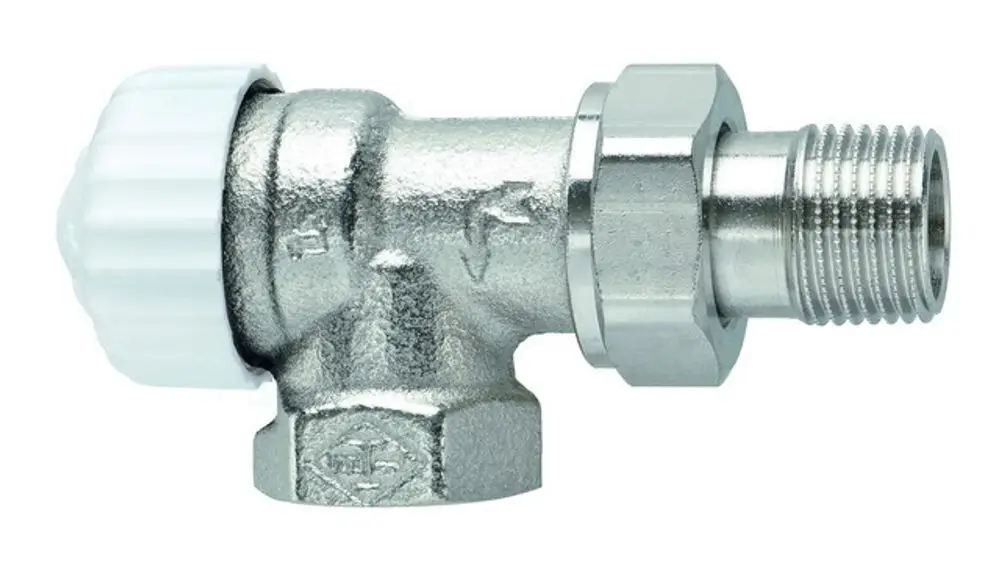 Thermostatventilunterteil aus Metall mit einem weißen Drehknopf, hergestellt von IMI Hydronic Engineering, ermöglicht die Steuerung des Wasserflusses in Heizsystemen.